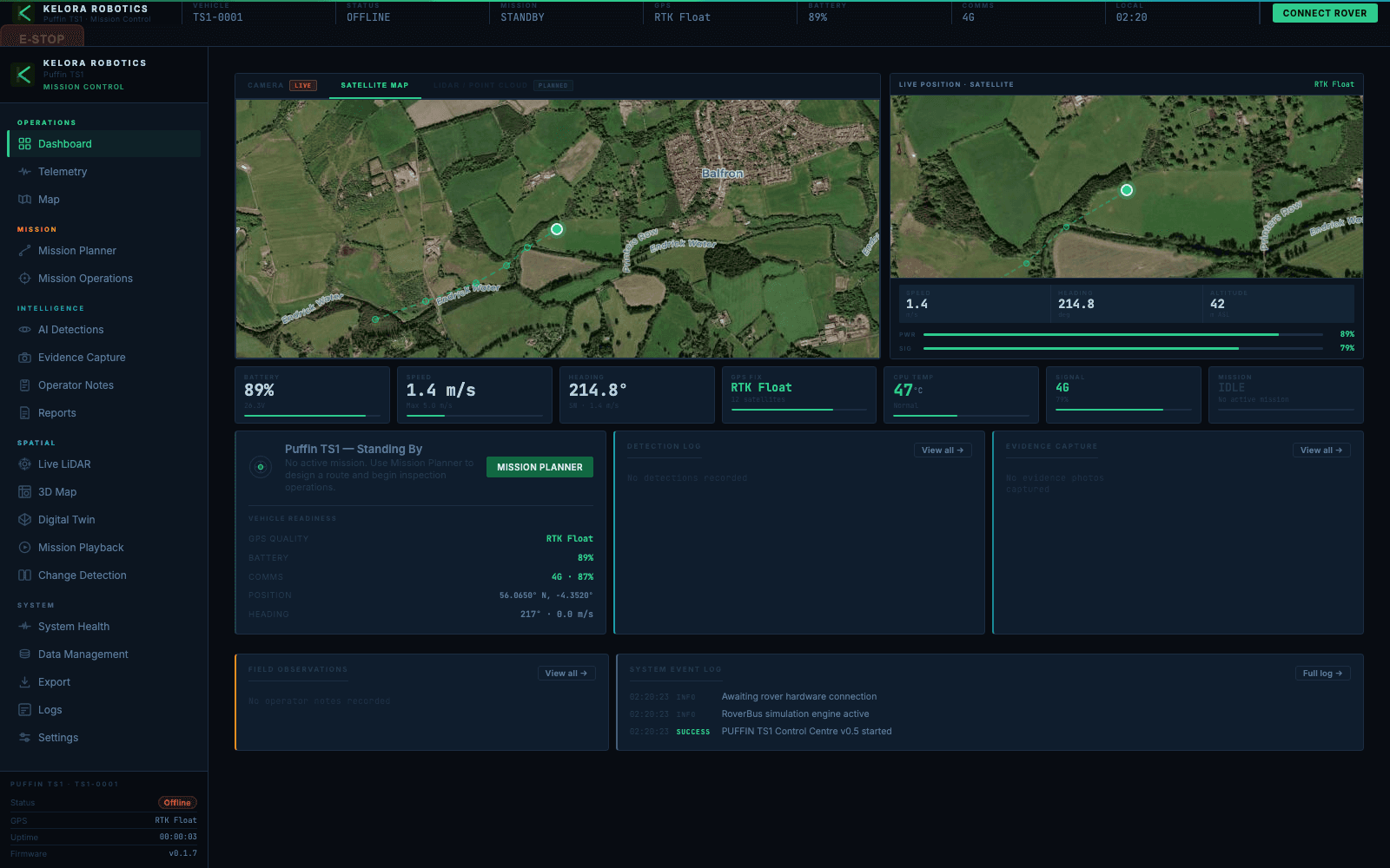 Mission Control dashboard with live telemetry, satellite map, and system event log